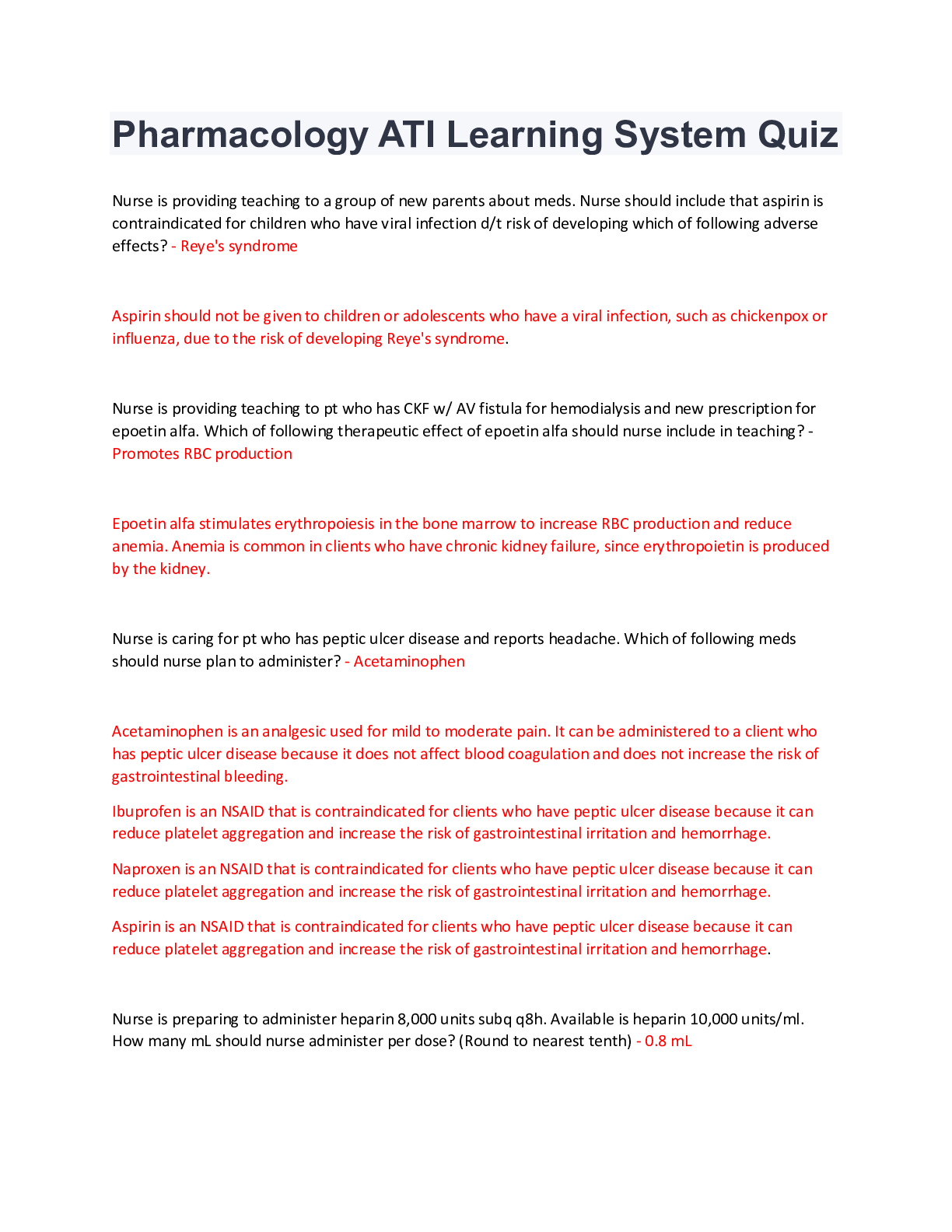 Preview image for Pharmacology ATI Learning System quizes and answers